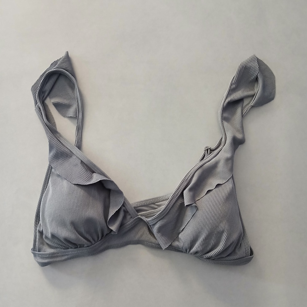 Gray Ribbed Y2K VTG‎ Swimwear Ruffle Hot Baddie Beach Vacation Bikini Top Large